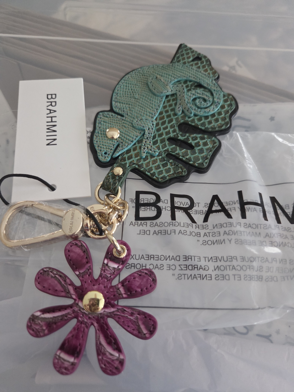 Brahmin Teal Chameleon & Purple Floral Leather Keychain